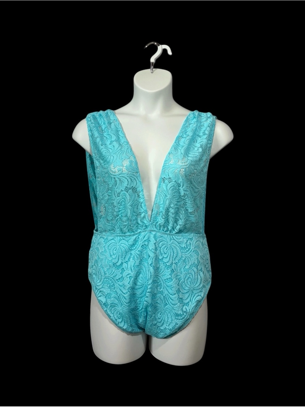 Aqua Floral Lace Plunging Bodysuit, XL, Deep V Open Side Stretch Body